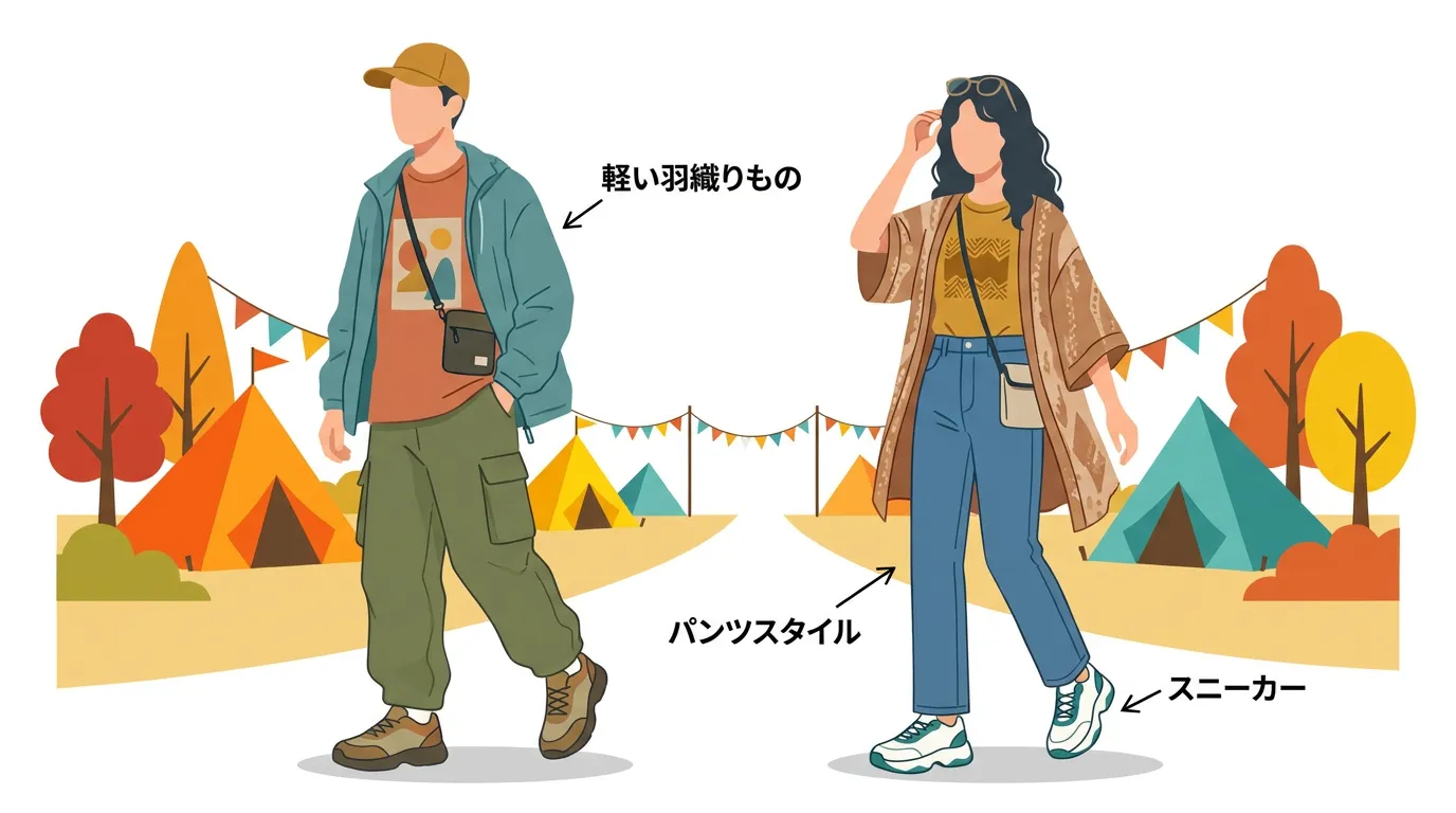 キャップやサコッシュを取り入れた男女の秋フェスファッション