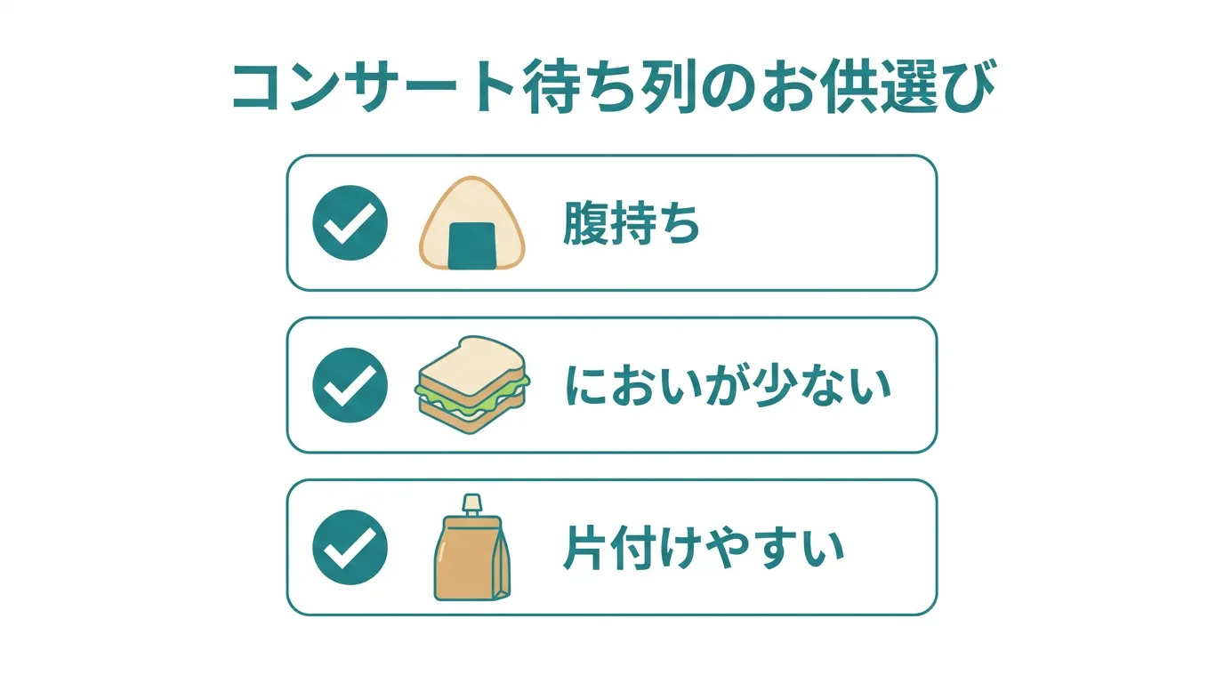 腹持ち・におい・片付けやすさの3条件を示すチェックリスト図