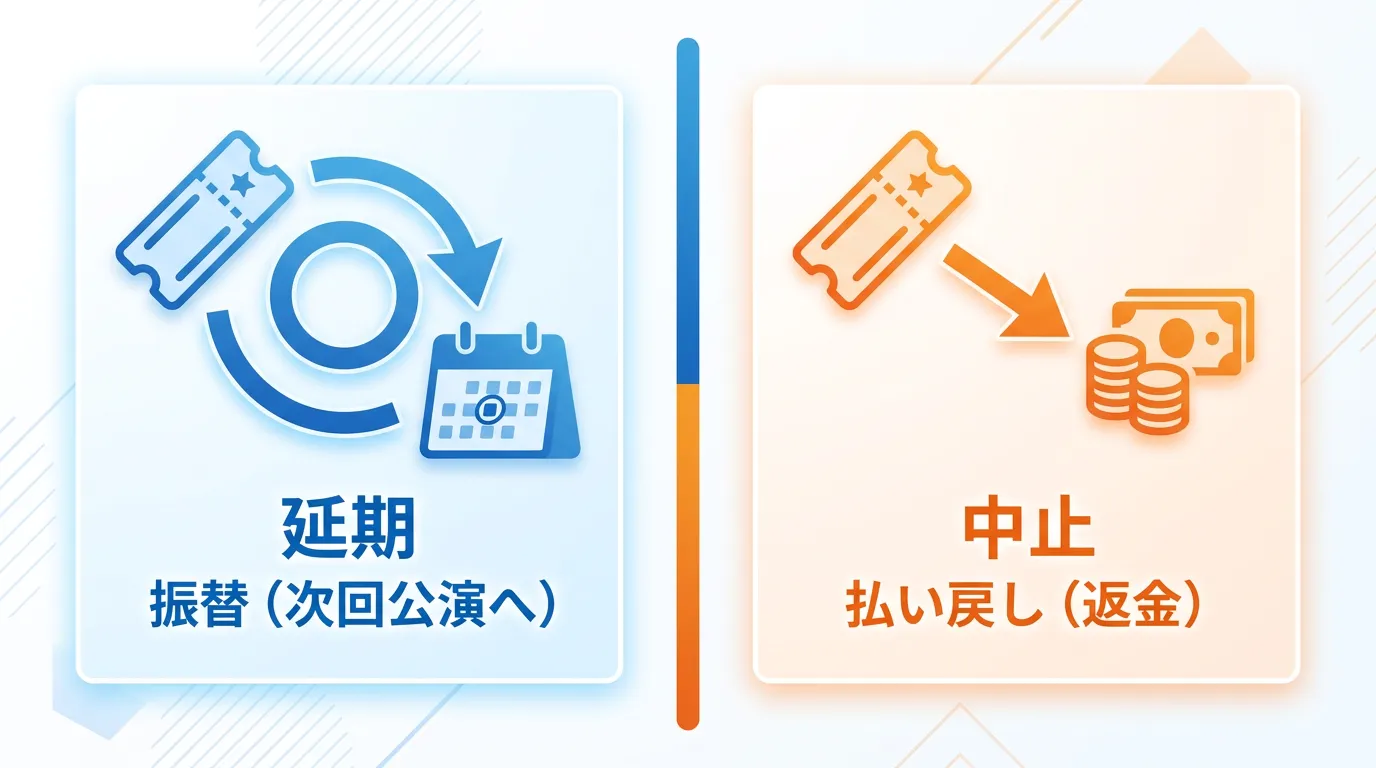 延期は振替、中止は払い戻しというチケット対応の比較図