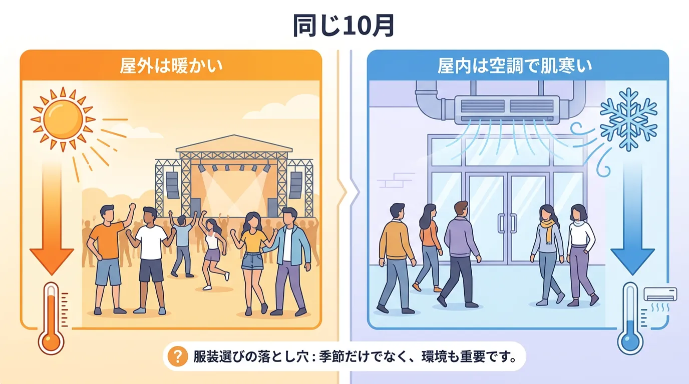 屋外フェスと空調の効いた屋内会場の体感温度を対比した図解