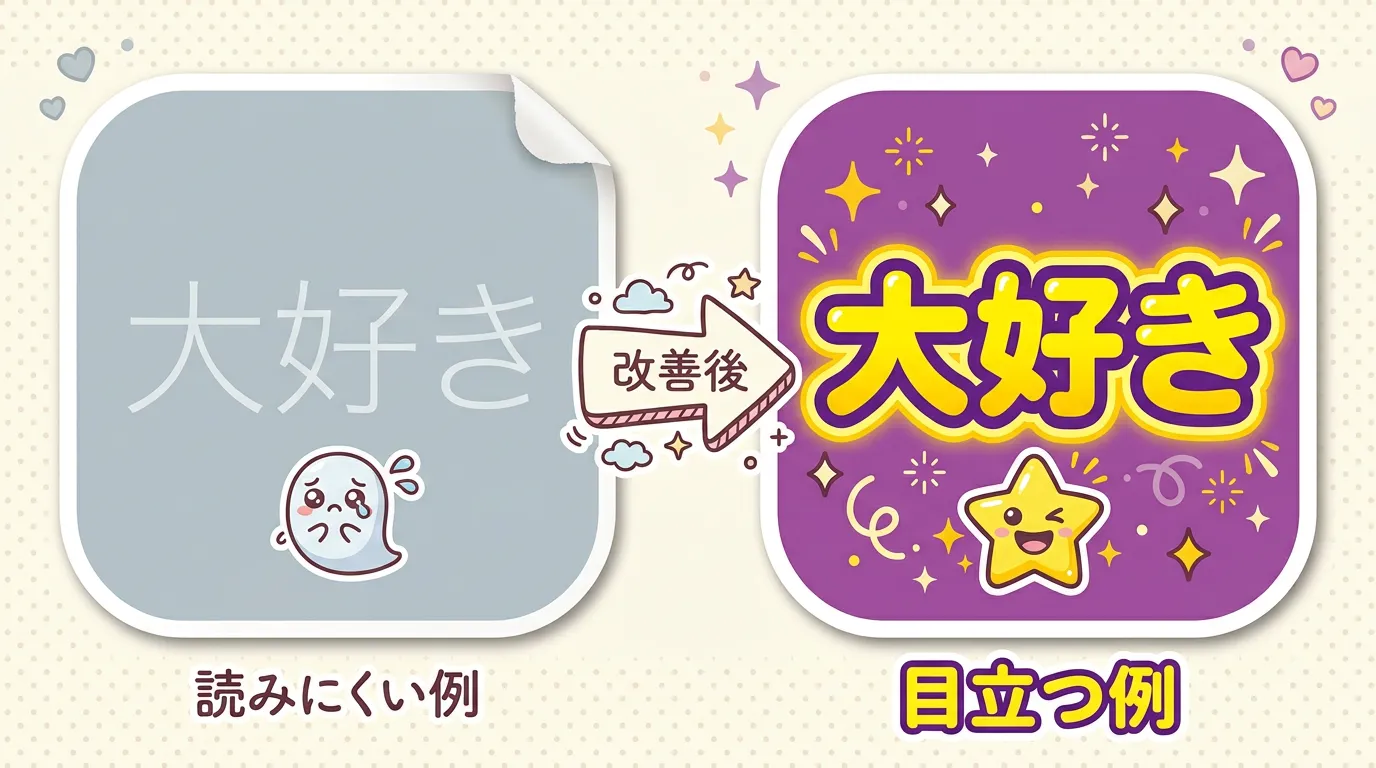 黄色×紫の高コントラスト配色で目立つ文字の例を示すかわいい比較図