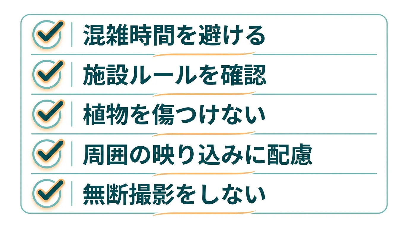 撮影前に確認したいマナー5項目のチェックリスト図解（すべてチェック済み）