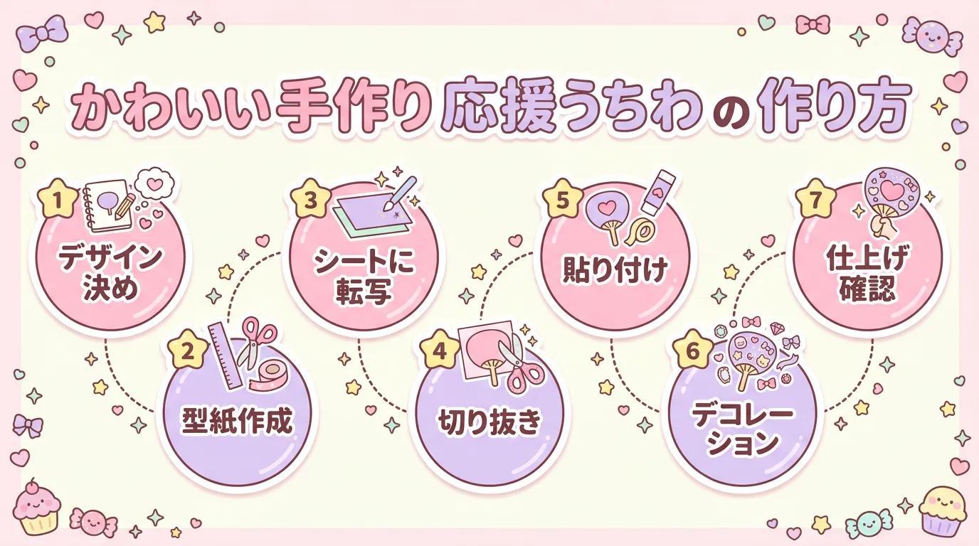 うちわの作り方を7ステップで示すかわいいフローチャート図