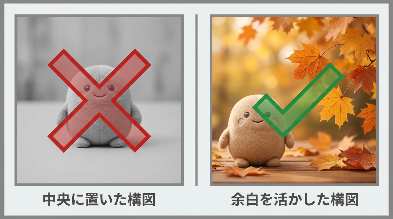 中央に置いた構図と余白を活かした構図を比較する図解
