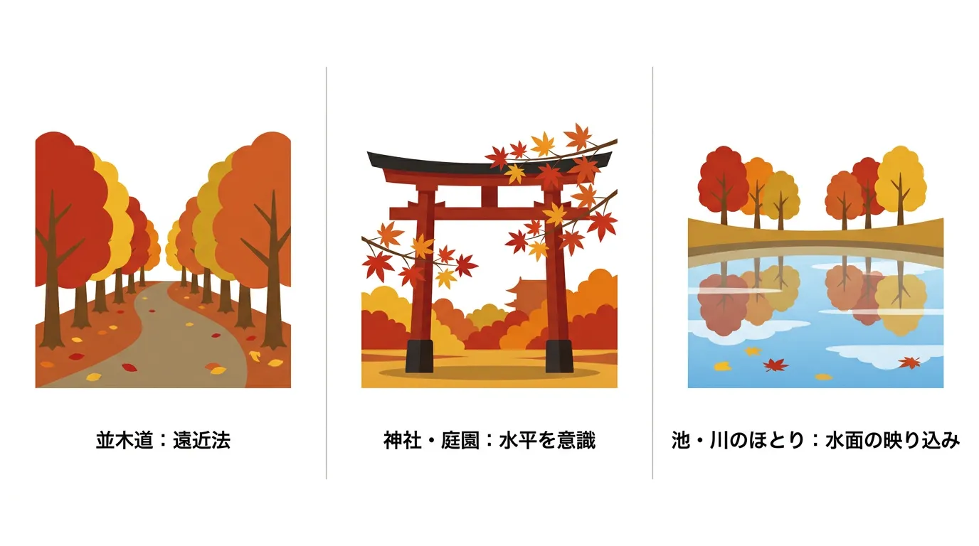 並木道・神社庭園・池のほとりの撮影ポイントのアイコン図解