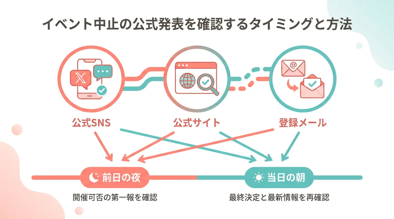 公式SNS・サイト・メールでの確認方法と確認タイミングの図解