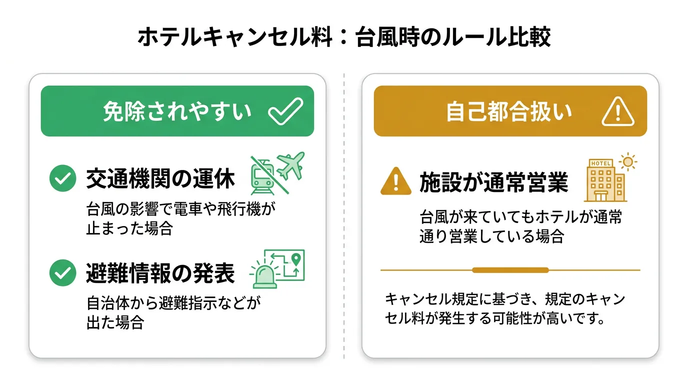 ホテルキャンセル料が免除されやすい条件の比較図