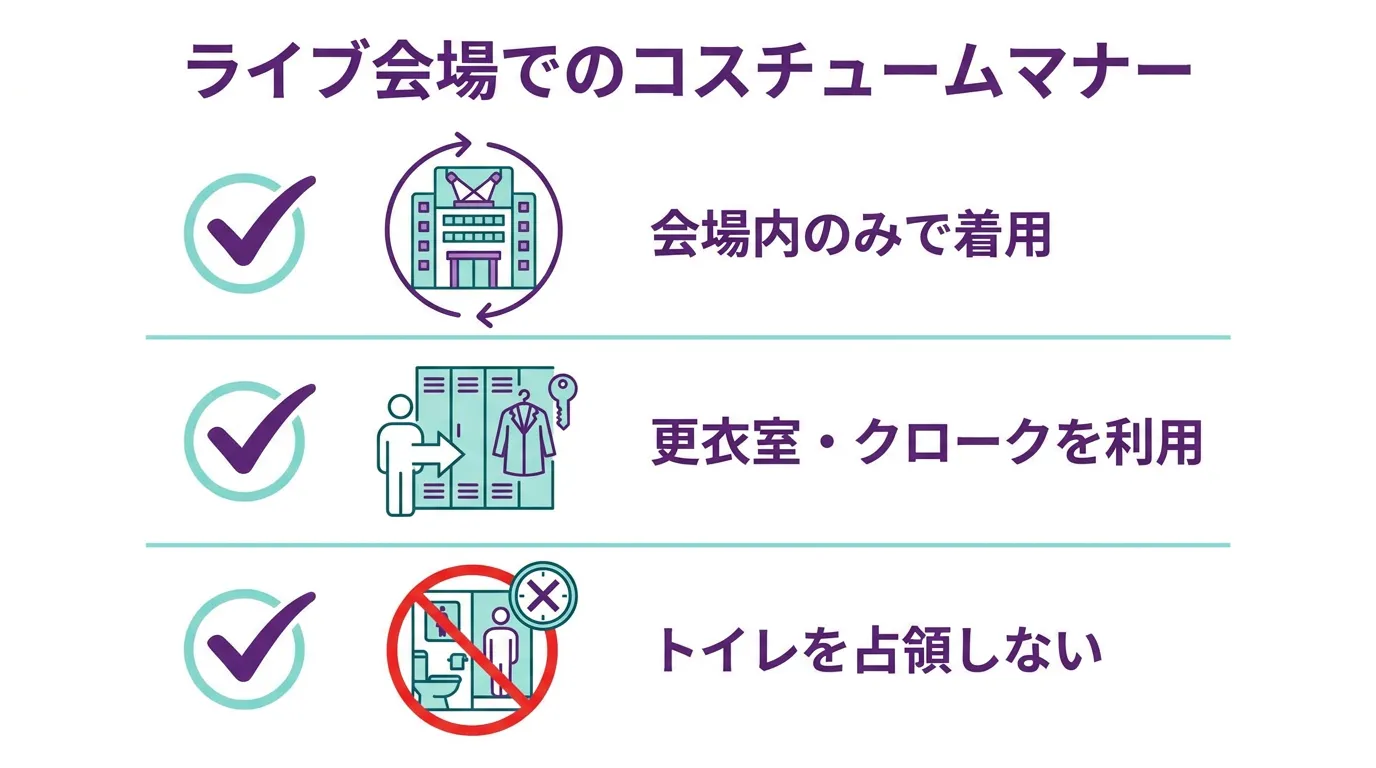 ライブ会場での仮装マナー3項目のチェックリスト図解