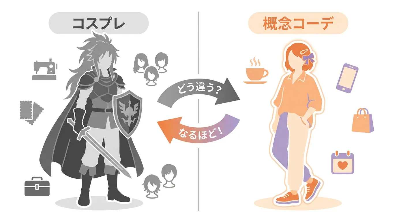 コスプレと概念コーデを比較する図解イラスト