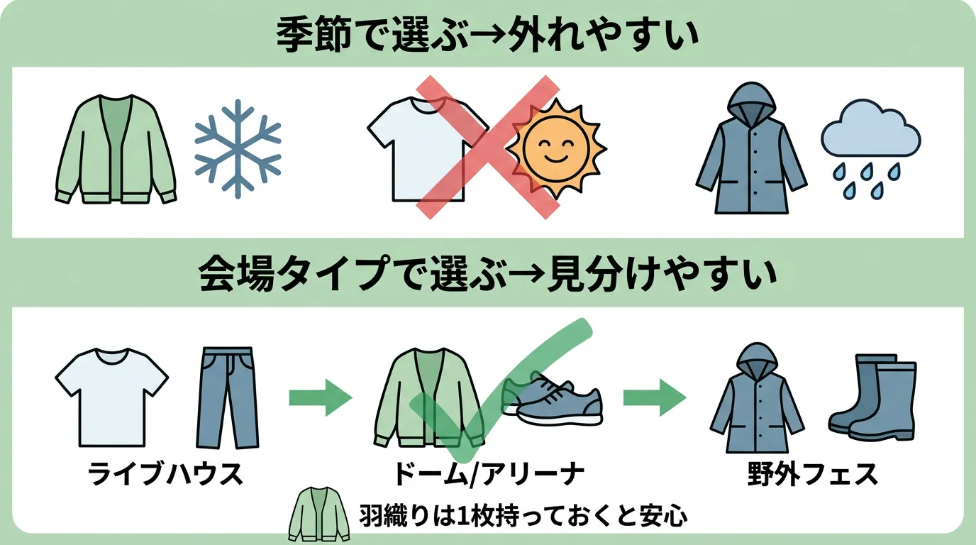 季節で選ぶ場合と会場タイプで選ぶ場合を対比したまとめ図解