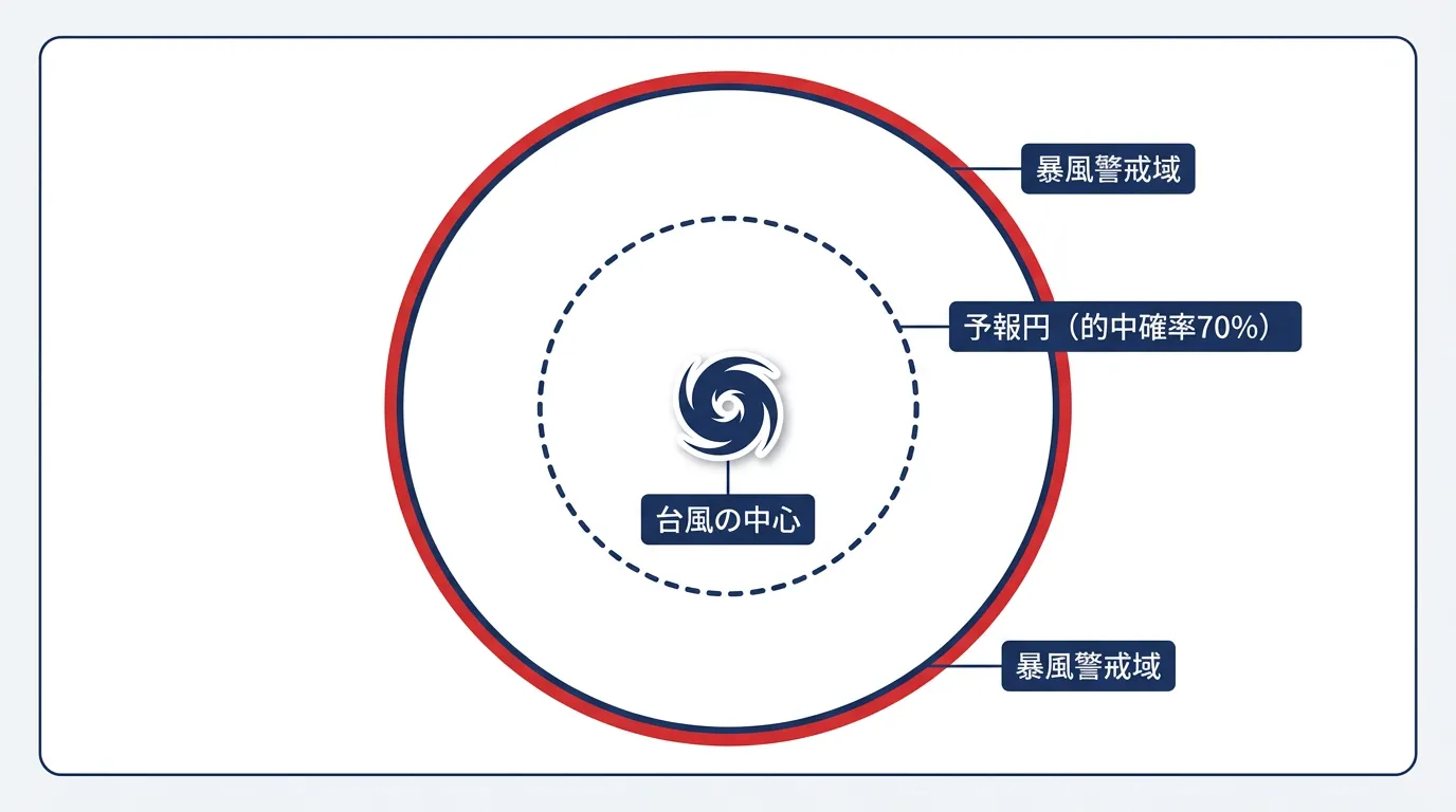 台風の進路予報円と暴風警戒域を対比した説明図