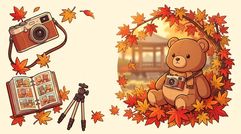 カメラ・アルバム・三脚のイラストと、紅葉の枝越しにカメラを構えるクマのぬいぐるみ