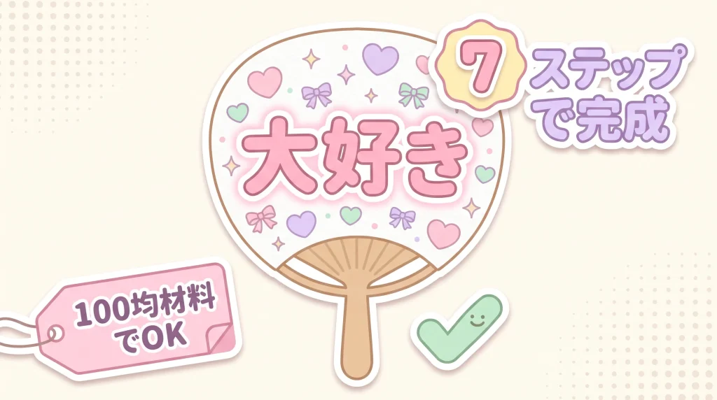 ハートで飾った推し活うちわとステップ数を示すかわいいサムネイル